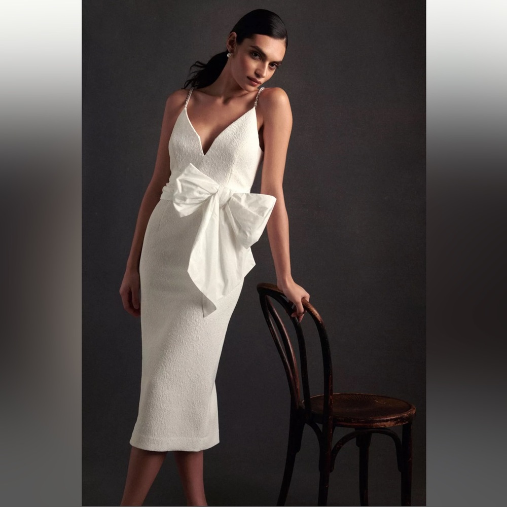 Rebecca Vallance Genevieve Bow V-Neck Sheath Midi Dress